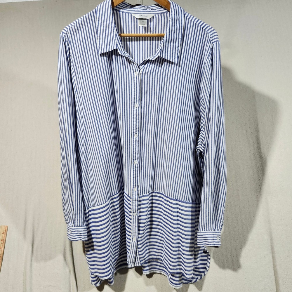 CJ Banks Womens 2X Blue White Striped Button Up Long Sleeve Rayon Tunic Shirt